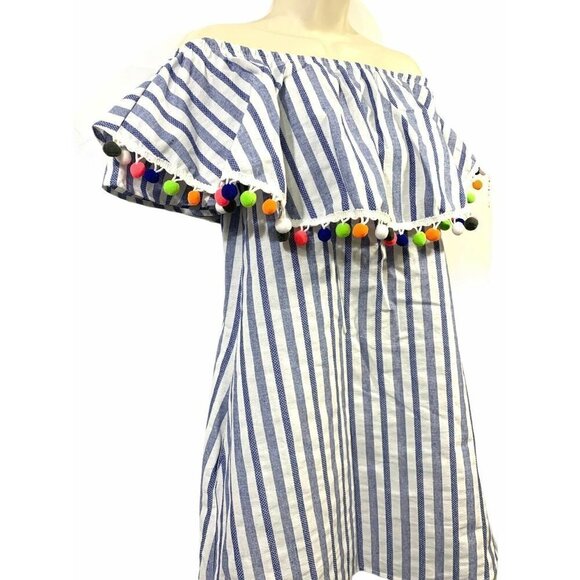 Bellamie Off The Shoulder Tunic Dress Striped Pom Pom Linen Blend Fun Small - Picture 10 of 11